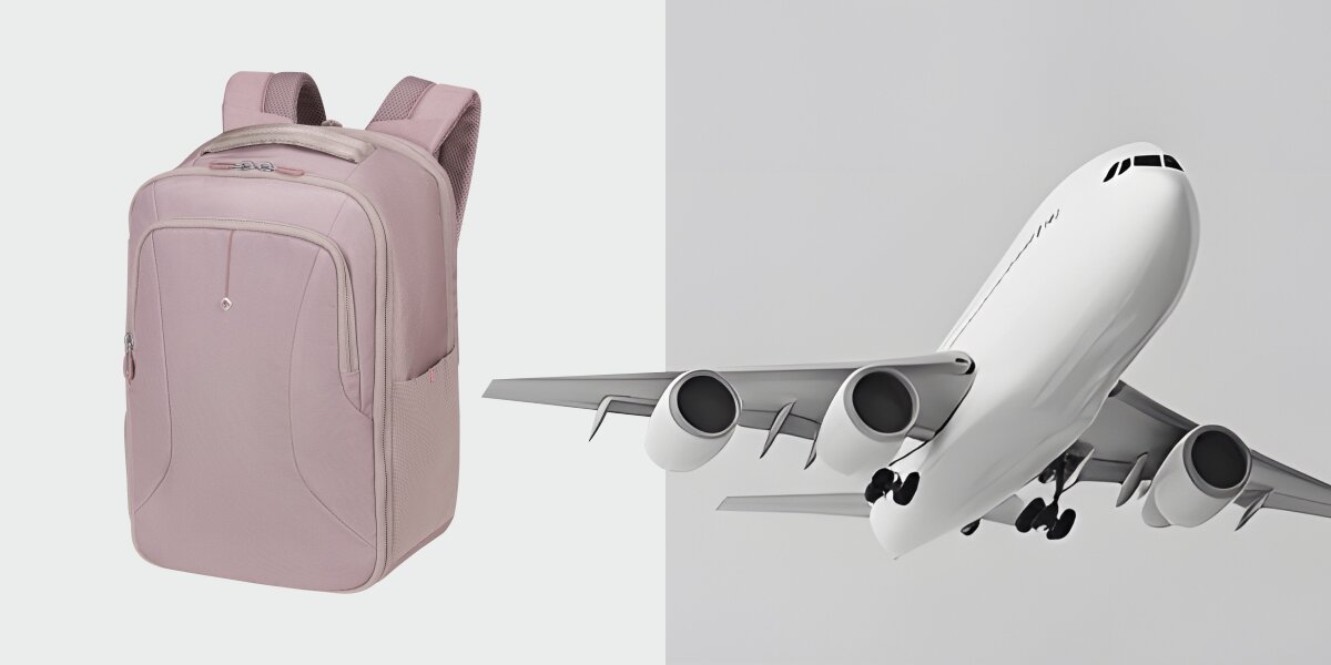 Plecak kabinowy SAMSONITE Guardit Classy 2.0 XS Stone Grey Szaro-różowy (Ryanair) Stone Grey Szaro-różowy plecak na laptopa obok grafiki lecącego samolotu pasażerskiego, sugerujący przeznaczenie bagażu do samolotu.