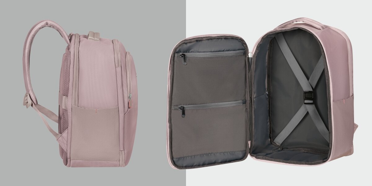 Plecak kabinowy SAMSONITE Guardit Classy 2.0 XS Stone Grey Szaro-różowy (Ryanair) Porównanie bocznego profilu czarnego plecaka oraz jego otwartej komory głównej z pasami mocującymi bagaż i kieszeniami z siatki.
