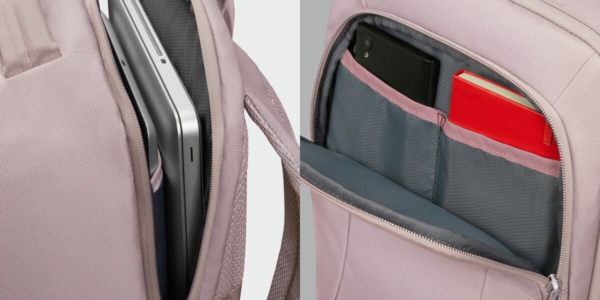 Plecak kabinowy SAMSONITE Guardit Classy 2.0 XS Stone Grey Szaro-różowy (Ryanair)Zbliżenie na funkcjonalne wnętrze plecaka: dedykowana przegroda na laptopa oraz przedni organizer z miejscem na telefon i notatnik.