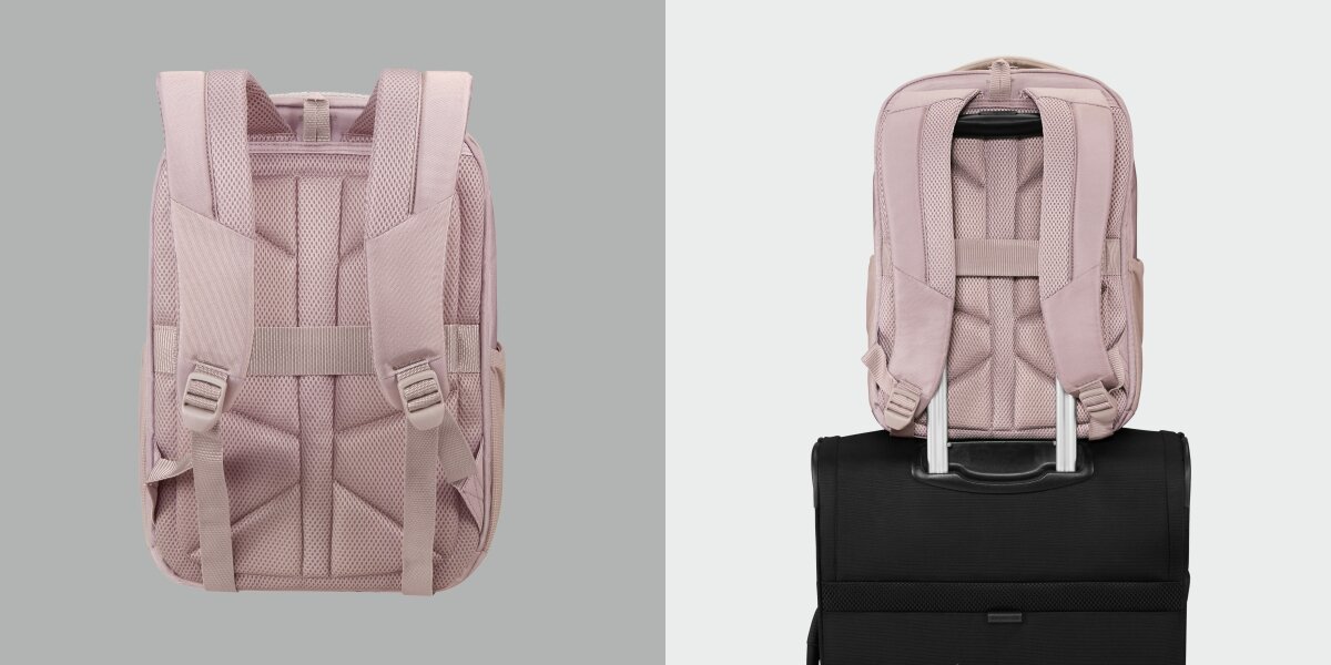 Plecak kabinowy SAMSONITE Guardit Classy 2.0 XS Stone Grey Szaro-różowy (Ryanair) Tył czarnego plecaka z widocznym systemem nośnym oraz uchwytem typu Smart Sleeve do stabilnego nałożenia na rączkę walizki.
