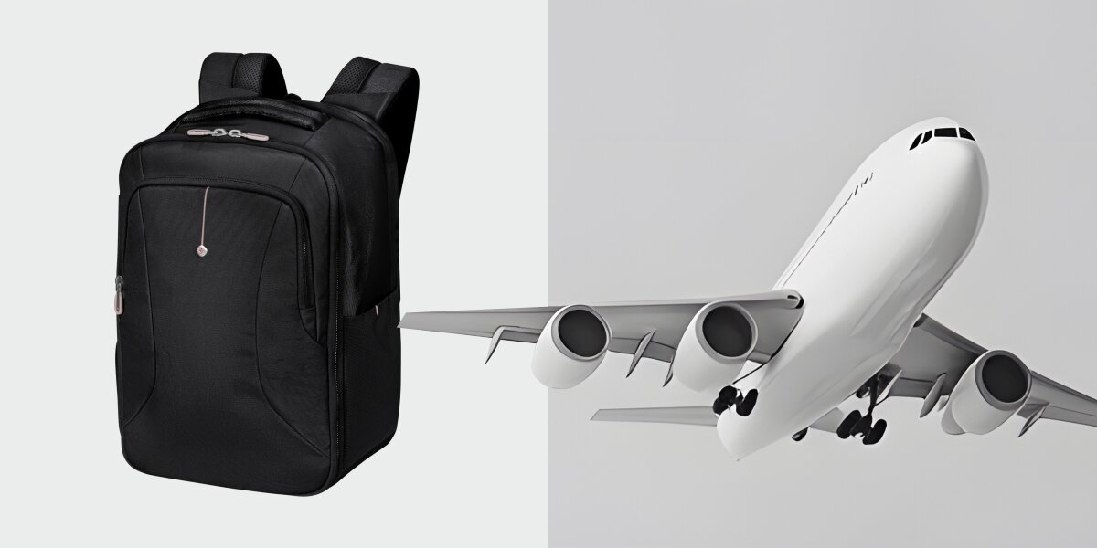 Plecak kabinowy SAMSONITE Guardit Classy 2.0 XS Czarny (Ryanair) Czarny plecak na laptopa obok grafiki lecącego samolotu pasażerskiego, sugerujący przeznaczenie bagażu do samolotu.
