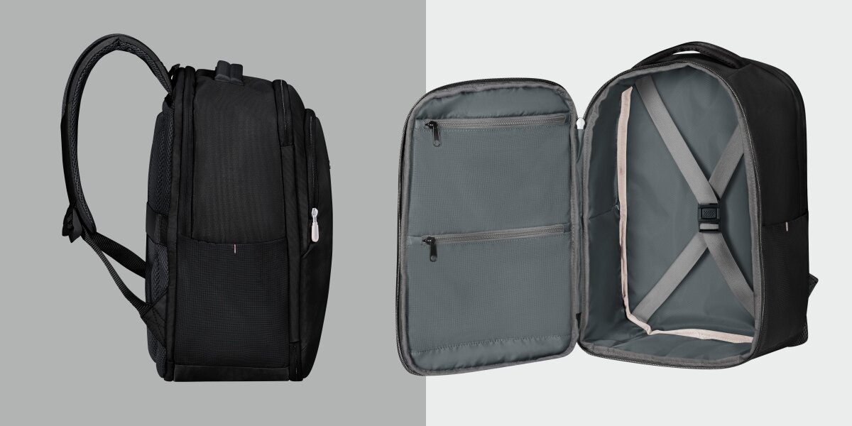 Plecak kabinowy SAMSONITE Guardit Classy 2.0 XS Czarny (Ryanair) Porównanie bocznego profilu czarnego plecaka oraz jego otwartej komory głównej z pasami mocującymi bagaż i kieszeniami z siatki.