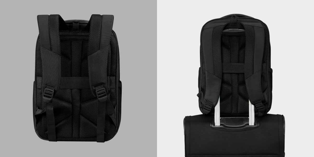 Plecak kabinowy SAMSONITE Guardit Classy 2.0 XS Czarny (Ryanair) Tył czarnego plecaka z widocznym systemem nośnym oraz uchwytem typu Smart Sleeve do stabilnego nałożenia na rączkę walizki.