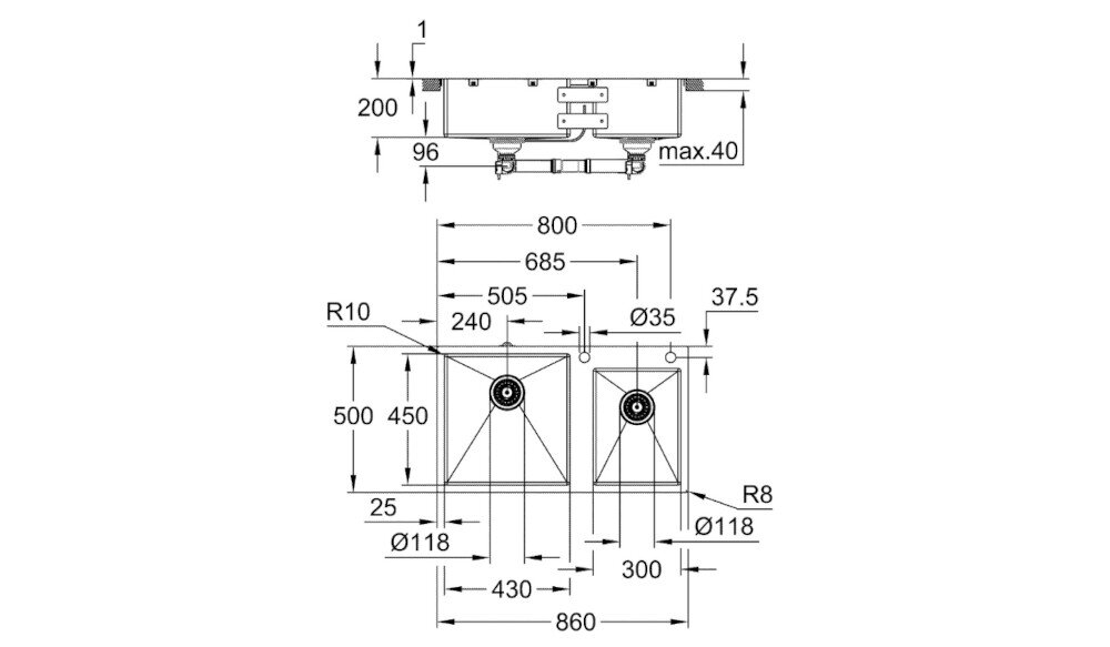 Zlewozmywak półtorakomorowy GROHE K800 31855SD0 Stal szlachetna Na rysunku technicznym przedstawiono zlewozmywak półtorakomorowy z ociekaczem wraz z wymiarami całkowitymi i montażowymi. Widok z góry i z boku pokazuje m.in. szerokość 860 mm, głębokość komory 175 mm, promienie zaokrągleń oraz średnice otworów pod baterię i odpływ zdjęcie rysunek techniczny wymiary