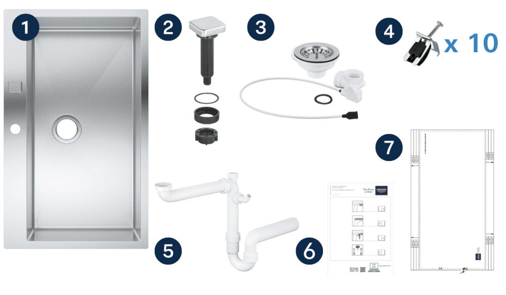 Zlewozmywak jednokomorowy GROHE K800 31584SD1 Stal szlachetna Na zdjęciu przedstawiono kompletny zestaw montażowy do zlewozmywaka, obejmujący sam stalowy zlewozmywak z ociekaczem, korek z korkiem automatycznym, syfon, odpływ oraz 14 zaczepów mocujących. Po prawej stronie widoczne są również instrukcja montażu i papierowy szablon wycięcia otworu w blacie