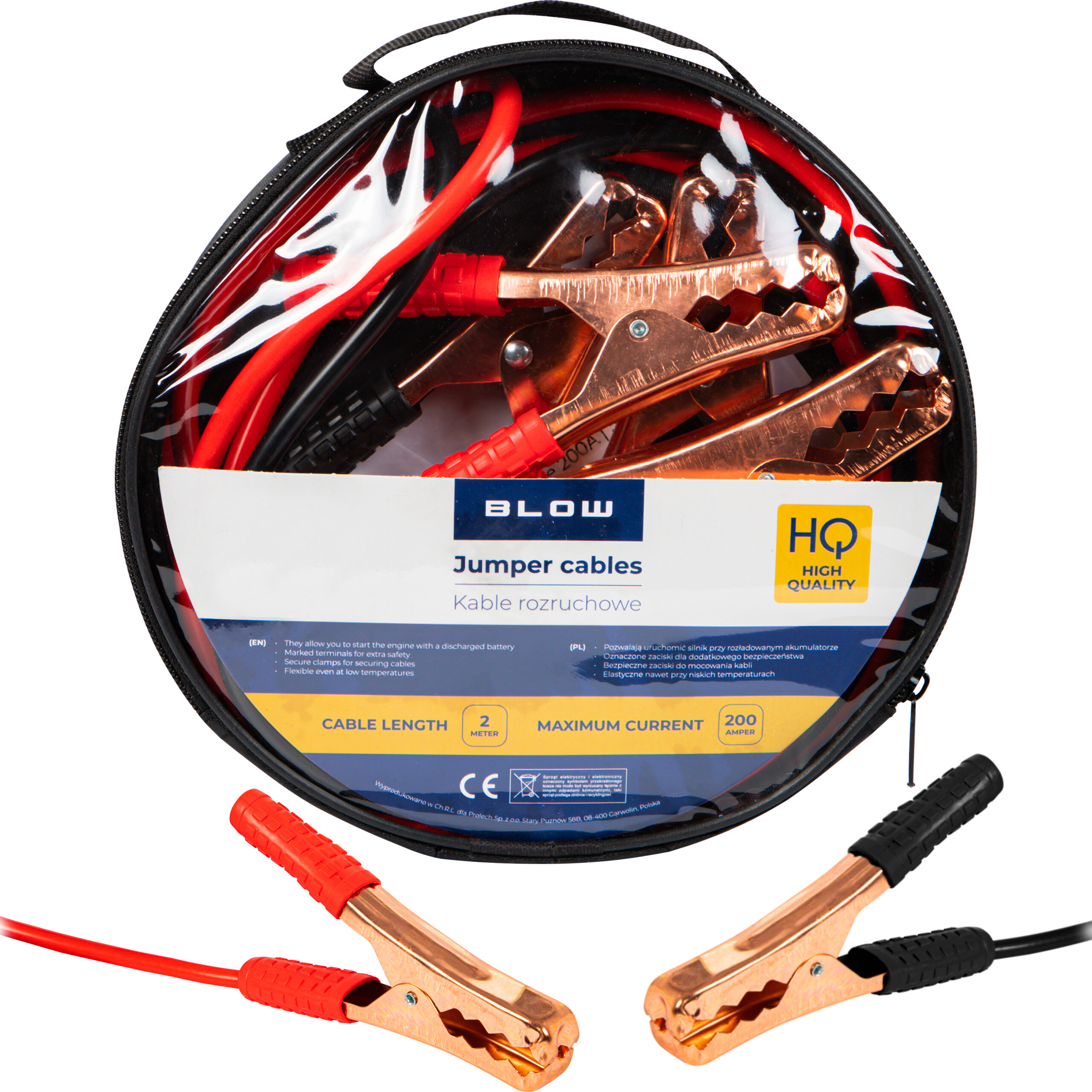 Zestaw kabli rozruchowych w okrągłym pokrowcu z przezroczystym frontem, widoczne miedziane zaciski i czerwono-czarne przewody. Na opakowaniu napis: \'BLOW Jumper cables Kable rozruchowe\', \'CABLE LENGTH 2 METERS\', \'MAXIMUM CURRENT 200 AMPER\'.