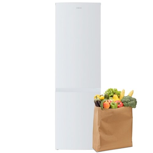 Biała lodówka, obok papierowa torba wypełniona owocami i warzywami.