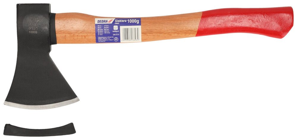 Siekiera uniwersalna DEDRA 13M802 1 kg wbudowany pierscien z miekkiego tworzywa sztucznego gumowa oslona na ostrzu bezpieczenstwo ochrona logo DEDRA laserowo naniesione na obuch
