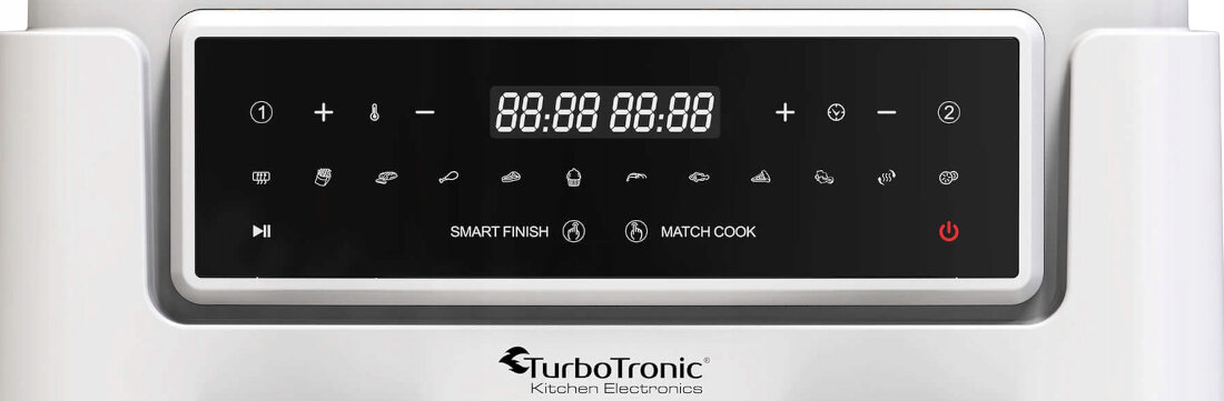 Panel sterowania frytkownicy beztłuszczowej z wyświetlaczem cyfrowym pokazującym \'88:88 88:88\' oraz różnymi ikonami funkcji. Widoczne logo \'TurboTronic Kitchen Electronics\'.