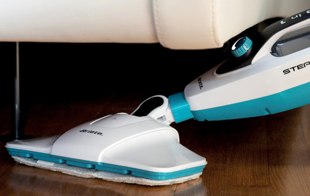 Mop parowy ARIETE 4175/00 Biały ekologia bakterie brud czyszczenie dezynfekcja eliminacja chemia detergenty akcesoria możliwości podłogi fugi okna meble dywany ścierki ruchoma głowica uchwyt FLEX moc