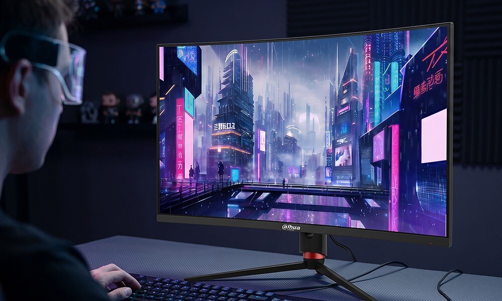 Osoba siedzi przed monitorem wyświetlającym futurystyczne miasto z neonowymi światłami. Na obudowie monitora widoczne jest logo \'Dahua\'.