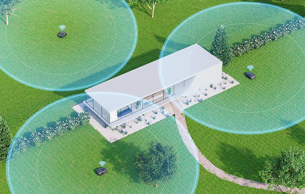 Robot koszący DREAME Mova 1000 ogród dom widok z góry podział na trzy strefy koszenia na każdej strefie robot funkcja Dual-Map zarządzanie dwiema oddzielnymi przestrzeniami inne parametry koszenia dla większych posesji dla działek wielozadaniowych