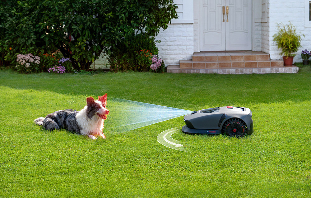Robot koszący DREAME Mova 1000 robot na trawie na przeciwko leżący pies strzałki pokazujące kierunek jazdy robota w tle biały dom i rośliny zaawansowane algorytmy czujniki ruchu bezpieczeństwo użytkowania automatycznie unika przeszkód wykrywa zwierzęta i ludzi funkcja alarmu powiadomienia na telefon