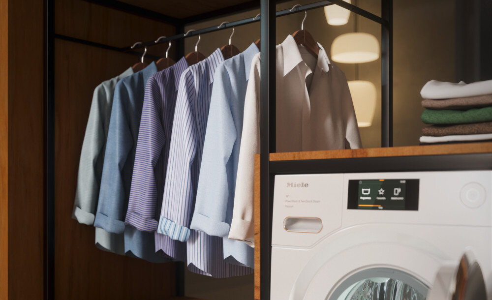 PRALKA MIELE WWG 880 WCS zdjęcie lifestyle panel pralki front koszule wieszaki ubrania na półce Prasowanie wstępne z parą łatwe prasowanie mniej zagnieceń wygładzanie tkanin bez żelazka