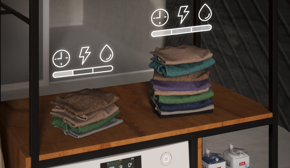 PRALKA MIELE WWG 880 WCS zdjęcie lifestyle pranie półka analiza wykresy Automatyka wagowa wykrywanie załadunku analiza prania mniejsze zużycie wody energii