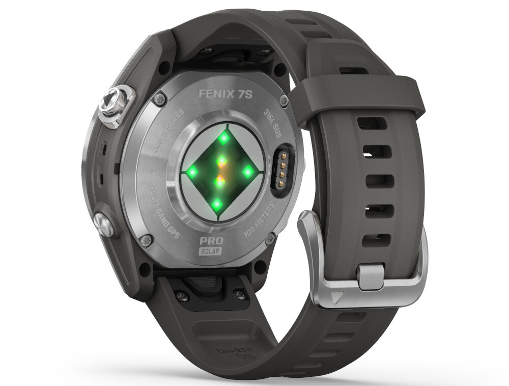 Smartwatch GARMIN Fenix 7S Pro Solar ekran bateria czujniki zdrowie sport pasek ładowanie pojemność rozdzielczość łączność sterowanie krew puls rozmowy smartfon aplikacja 