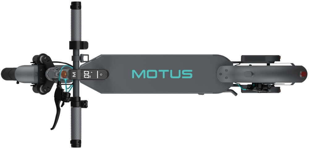 Hulajnoga elektryczna MOTUS Scooty 10 Lite Gen 6 30km 350W Amortyzacja 10 cali Szary hulajnoga widoczna z góry zbliżenie na deck wytrzymała konstrukcja z wysokiej jakości aluminium waga 13 kg dla osób o maksymalnej wadze do 100 kg spory deck szerokość 17 cm komfortowa i stabilna jazda antypoślizgowa powłoka