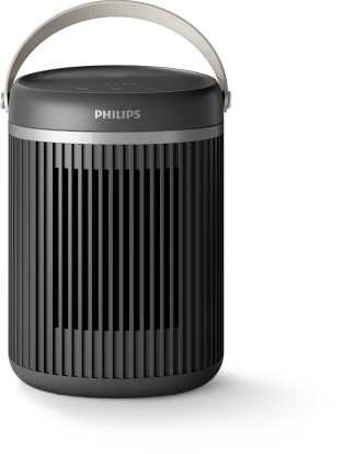 Czarny, cylindryczny grzejnik ceramiczny z pionowymi żebrami i uchwytem na górze. Na górnej części widoczne jest logo \'PHILIPS\'.