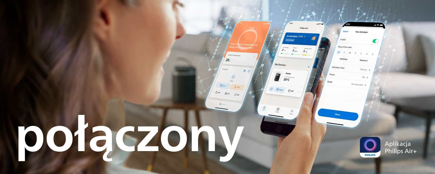 Osoba trzymająca trzy smartfony z aplikacją do sterowania urządzeniami, na ekranach widoczne są różne interfejsy. Na obrazie znajduje się tekst \'połączony\' oraz logo aplikacji Philips Air+.