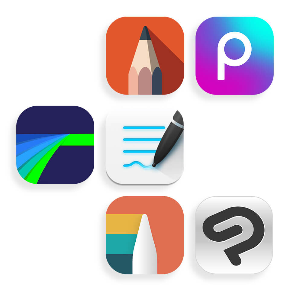 Ikony aplikacji Sketchbook, Picsart, LumaFusion, Goodnotes, Noteshelf 3 i Clip Studio Paint.