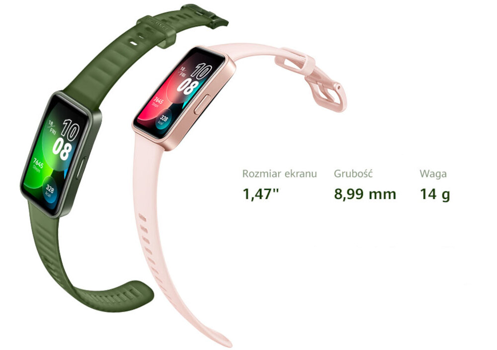 Smartband HUAWEI Band 8 ekran bateria czujniki zdrowie sport pasek ładowanie pojemność rozdzielczość łączność sterowanie krew puls rozmowy smartfon aplikacja