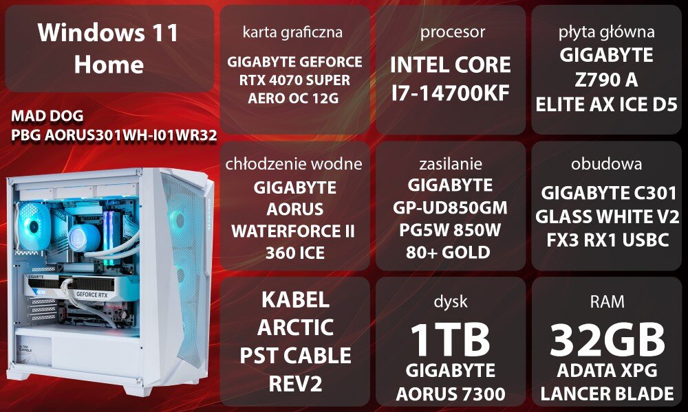 Komputer MAD DOG Powered by Gigabyte AORUS301WH-I01WR32 i7-14700KF 32GB RAM 1TB SSD GeForce RTX4070 Super Wi-Fi Windows 11 Home opis