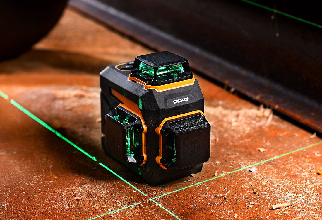 Poziomica laserowa płaszczyznowa 3D DEKO DKLL12PQ1 fukcja skokow wyznaczanie lini pod katem w trybie standardowym sygnalizacja przekroczenia zakresu poziomowania dzwieki swiatla swobodne ustawienie urzadzenia