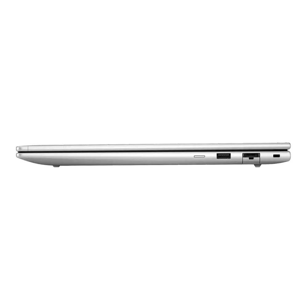 Srebrny laptop widziany z boku, z widocznymi portami USB i Ethernet oraz gniazdem na zamek zabezpieczający.