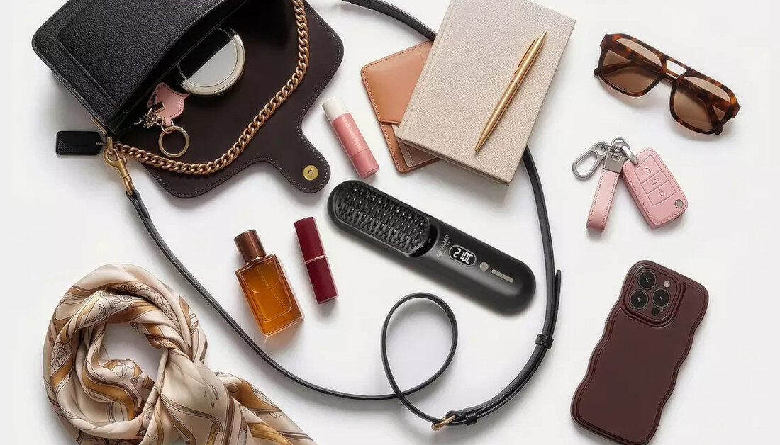 Szczotka prostująca REVAMP Straight & Go Ionic Hot Brush BR-1950 zdjęcie lifestyle wymiary wysokość szerokość głębokość Dołączona odporna na ciepło torba 