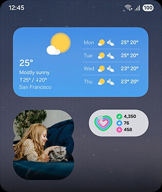 Ekran smartfona z widżetami: prognoza pogody dla San Francisco z temperaturą 25°C i zdjęcie dziecka z kotem. Widoczny jest także licznik aktywności z wartościami 4,350, 76 i 458.