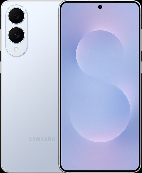 Smartfon z dużym ekranem, na którym widoczna jest abstrakcyjna grafika w odcieniach fioletu. Na tylnej obudowie znajdują się dwa aparaty fotograficzne oraz logo \'SAMSUNG\'.