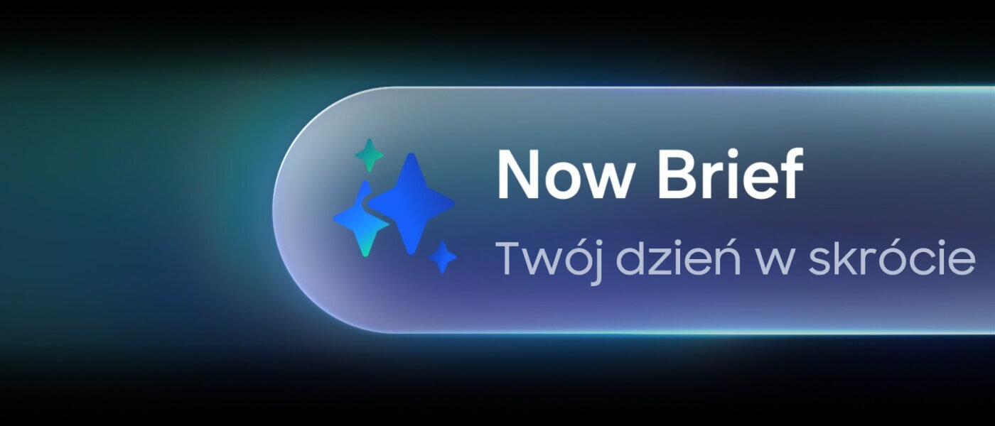 Now Bar przechodzi od lewej do prawej z powiadomieniem z Now Brief. Następnie Now Bar przemieszcza się na dół głównego ekranu Galaxy S25 Plus, który staje się wyraźniejszy. Trzy kolejne powiadomienia z Now Bar pojawiają się jedno nad drugim: timer, muzyka i ćwiczenia. Obraz przedstawia przycisk z napisem \'Now Brief Twój dzień w skrócie\' oraz grafiką w postaci niebiesko-zielonych gwiazdek na ciemnym tle.