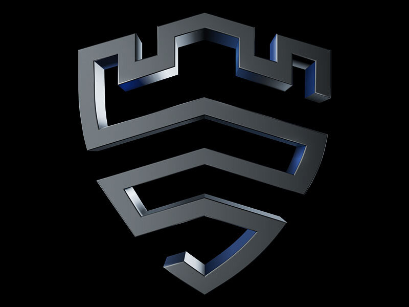 Trójwymiarowe logo w kształcie stylizowanej tarczy z literą \'S\' na czarnym tle.