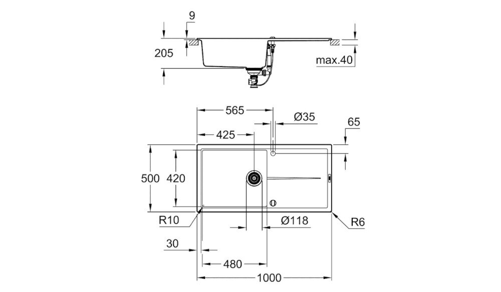 Zlewozmywak jednokomorowy z ociekaczem GROHE K400 31641AP0 rysunek techniczny wymiary
