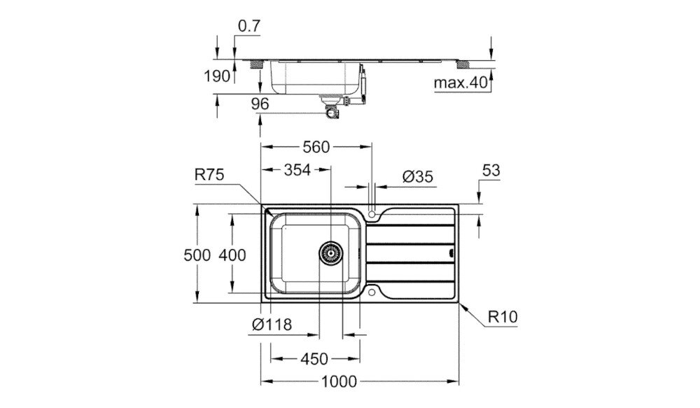 Zlewozmywak jednokomorowy z ociekaczem GROHE K500 31563SD1 Stal szlachetna Na rysunku technicznym przedstawiono zlewozmywak jednokomorowy z ociekaczem wraz z wymiarami całkowitymi i montażowymi. Widok z góry i z boku pokazuje m.in. szerokość 860 mm, głębokość komory 175 mm, promienie zaokrągleń oraz średnice otworów pod baterię i odpływ zdjęcie rysunek techniczny wymiary