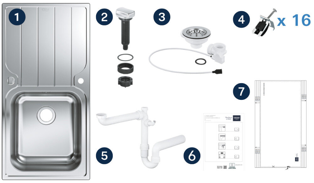 Zlewozmywak jednokomorowy z ociekaczem GROHE K500 31563SD1 Stal szlachetna Na zdjęciu przedstawiono kompletny zestaw montażowy do zlewozmywaka, obejmujący sam stalowy zlewozmywak z ociekaczem, korek z korkiem automatycznym, syfon, odpływ oraz 14 zaczepów mocujących. Po prawej stronie widoczne są również instrukcja montażu i papierowy szablon wycięcia otworu w blacie