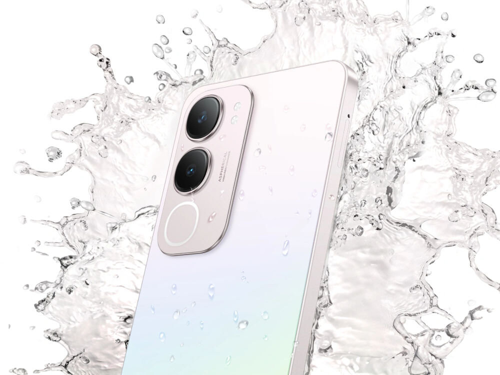 Smartfon VIVO Y19s 8/256GB 6.68 90Hz na tle rozbryzgującej się wody klasa odporność IP64 pyłoszczelność odporność na wodę odporność na zachlapanie
