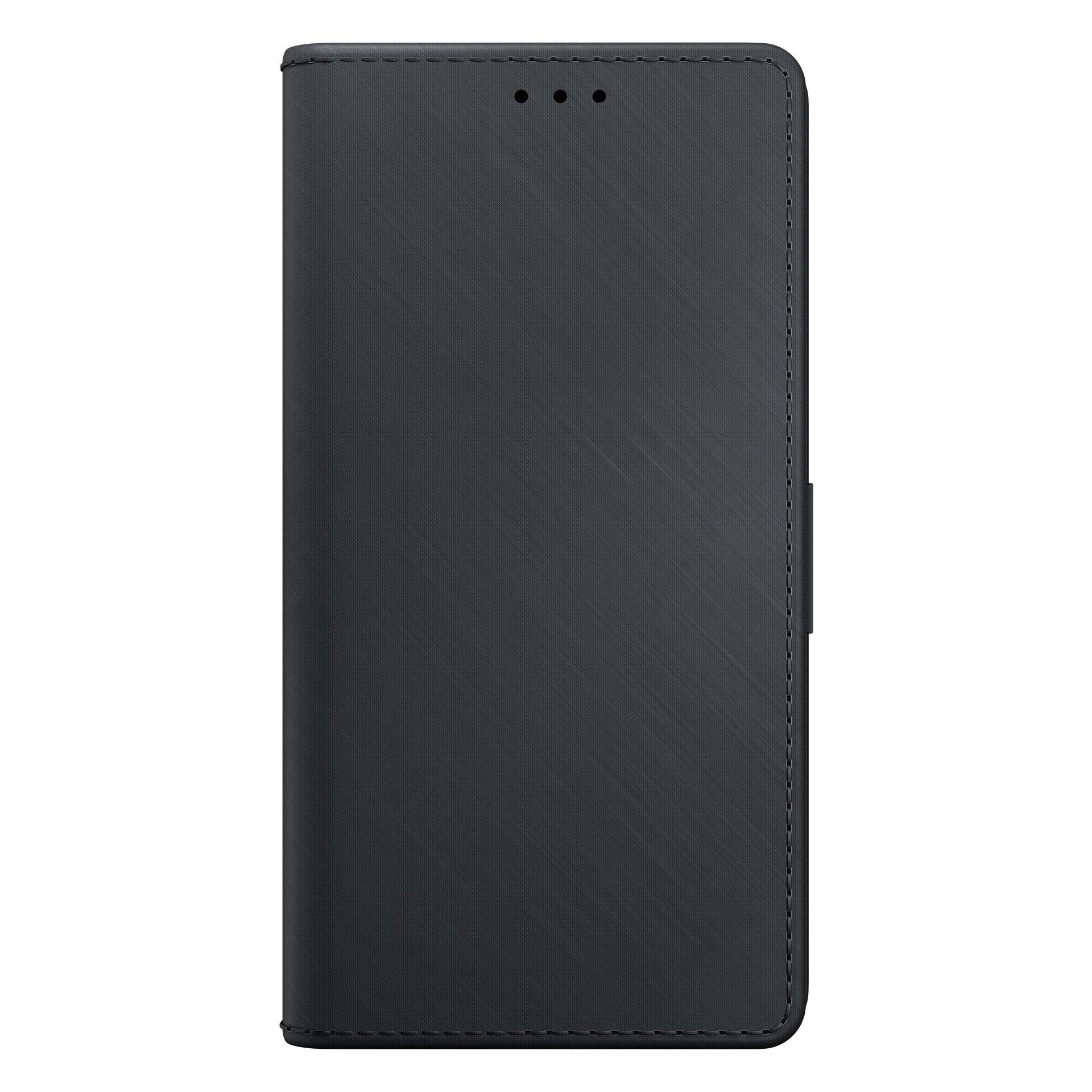 Czarny futerał na telefon z trzema małymi otworami na górze, wykonany z materiału o teksturowanej powierzchni.