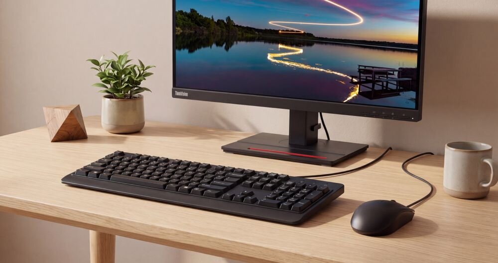 LENOVO 160 Wired Combo - klawiatura i mysz z przewodami na drewnianym biurku obok monitora i rośliny doniczkowej