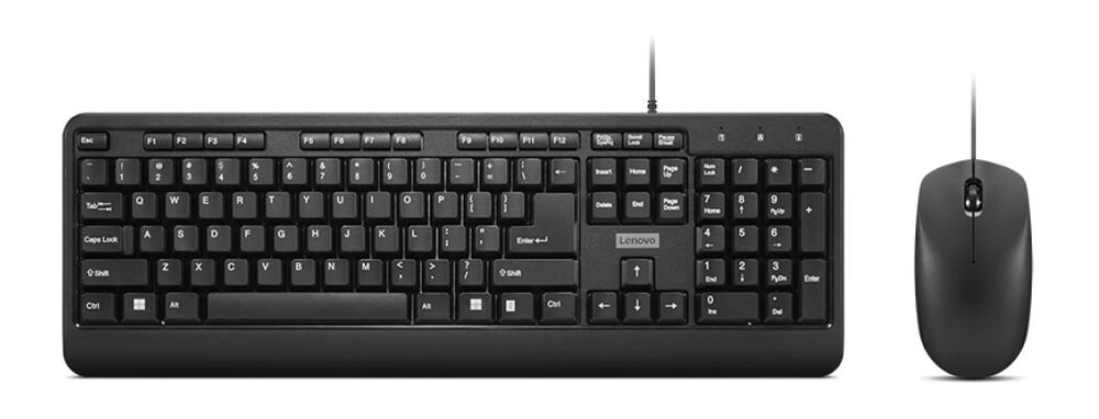 LENOVO 160 Wired Combo Lenovo 160 Wired Combo przewodowy zestaw klawiatury i myszy USB-A - Widok z góry na czarną pełnowymiarową klawiaturę przewodową obok pasującej myszy optycznej na białym tle