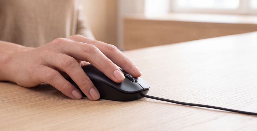 LENOVO 160 Wired Combo czujnik optyczny o rozdzielczości 1600 DPI trzema przyciskami i rolką przewijania - Zbliżenie na dłoń spoczywającą na ergonomicznej czarnej myszy przewodowej na drewnianym blacie 