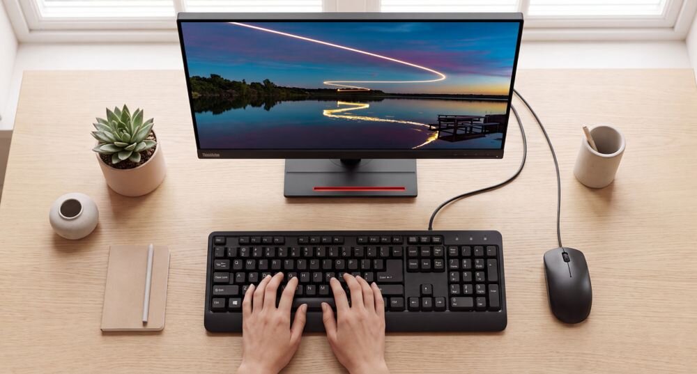 LENOVO 160 Wired Combo Przewód USB-A długości 1,5 m komputerami USB-A Microsoft Windows 7, Windows 8, Windows 10 i Windows 11 - Spojrzenie z góry na stanowisko pracy z dłońmi na klawiaturze, myszką i otwartym notesem przy oknie.
