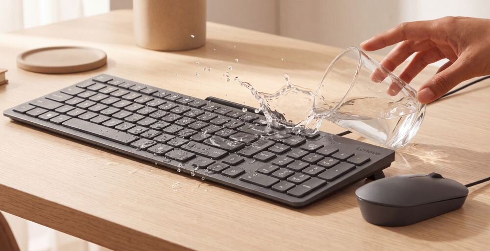 Na drewnianym biurku znajduje się klawiatura i mysz, na które wylewa się woda z przechylonej szklanki. Na klawiaturze widoczne jest logo \'Lenovo\'.