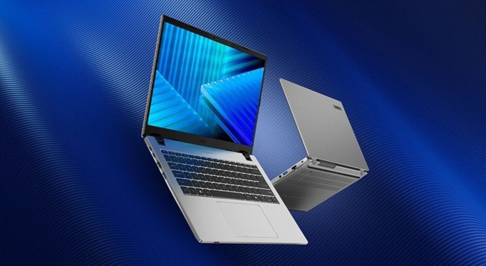 Laptop ACER Aspire z ekranem Full HD wyświetla kolorową abstrakcyjną grafikę podczas pracy mobilnej w kawiarni 