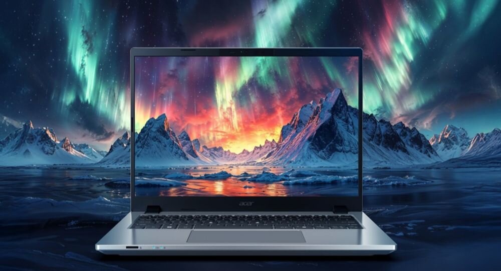 Laptop ACER Aspire Copilot+ PC prezentuje otwartą i zamkniętą obudowę na niebieskim tle podczas pracy biurowej  