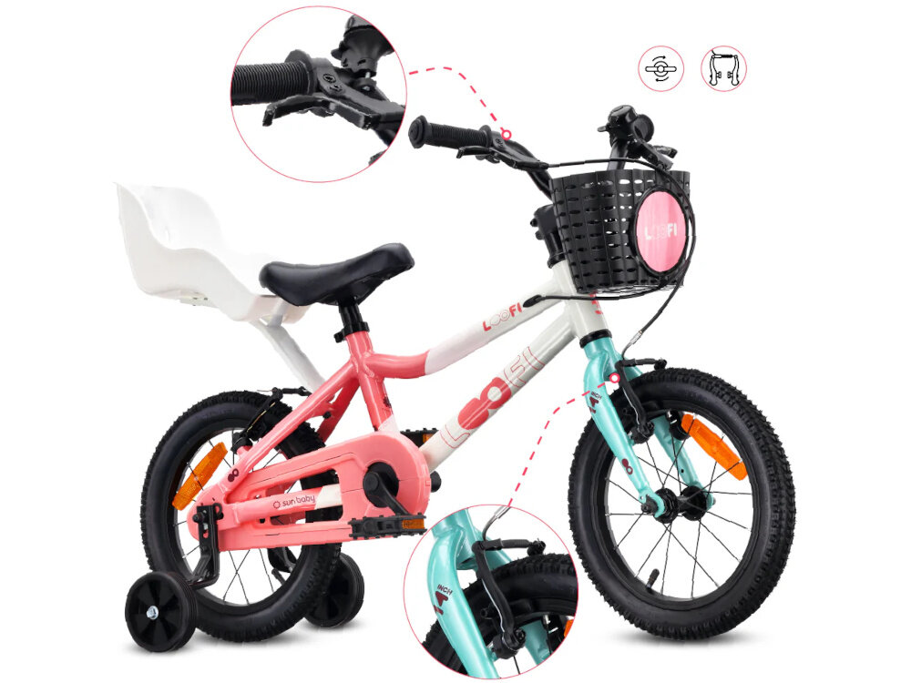 Rower dziecięcy w kolorach biało-różowo-miętowym z koszykiem na kierownicy i bocznymi kółkami. Na ramie widoczny jest napis \'Loofi\' oraz logo \'sun baby\'.