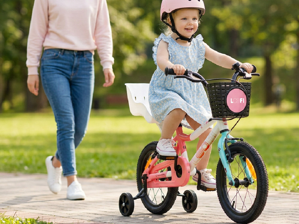 Dziecko jedzie na biało-różowo-miętowym rowerze dziecięcym z bocznymi kółkami, z przodu koszyk z napisem \'LOOFI\'. W tle osoba dorosła idzie po chodniku w parku.