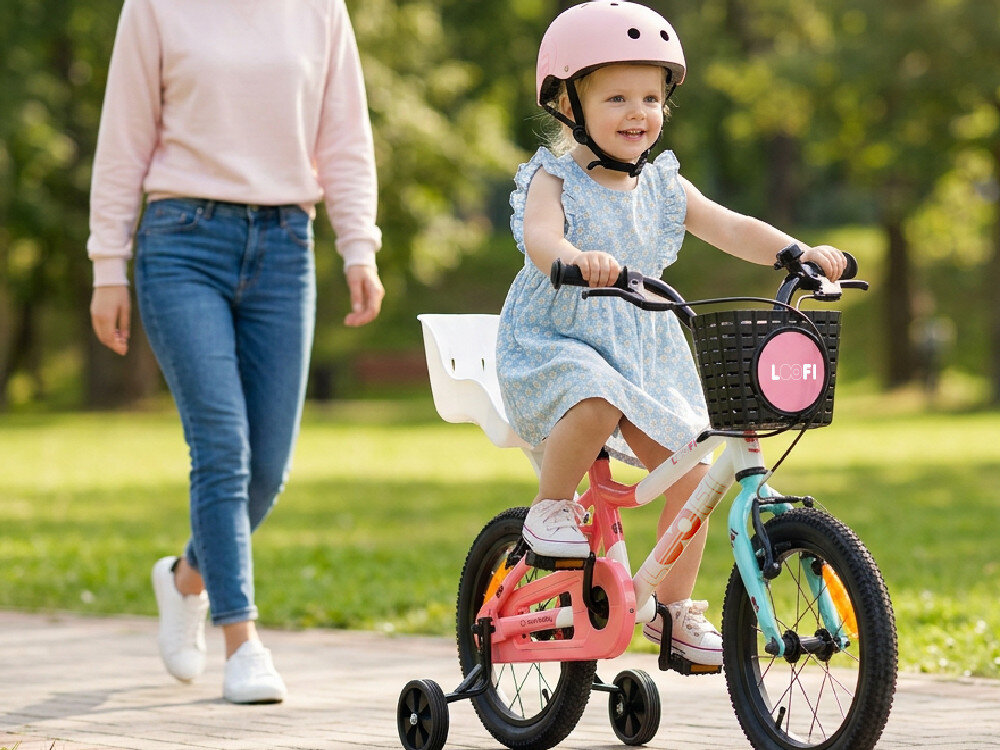 Dziecko w kasku jedzie na biało-różowo-miętowym rowerze dziecięcym z bocznymi kółkami. Obok idzie osoba dorosła, a w koszyku roweru widoczny jest napis \'LOOFI\'.