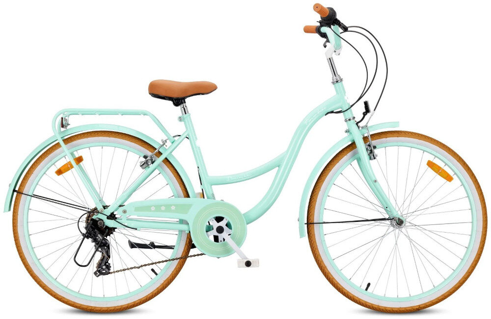 Rower młodzieżowy SUN BABY Flower Retro Bike 26 cali dla dziewczynki Miętowy rower na białym tle widoczny z boku stabilna konstrukcja dopasowana geometria atrakcyjny design dla dzieci w wieku od 10 do 15 lat trwałość wytrzymałość mocna konstrukcja