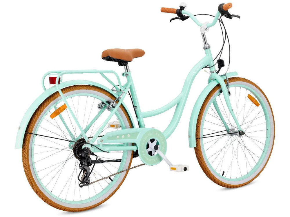 Rower młodzieżowy SUN BABY Flower Retro Bike 26 cali dla dziewczynki Miętowy rower na białym tle widoczny od tyłu pod skosem rama wykonana ze stali o średnicy 14,75 cali stal wyróżnia się wysoką odpornością na uszkodzenia mechaniczne trwałość przy intensywnym użytkowaniu łatwość naprawy i serwisowania materiału wybór rozmiaru ramy Twój wzrost mierzony w zrelaksowanej pozycji typ roweru dla dzieci o wzroście do 150 cm